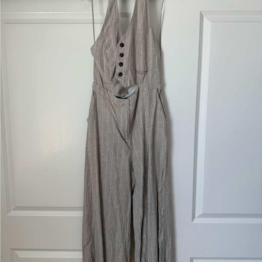 Zara Cream Jumpsuit with Deep V-Neck and Tie Waist